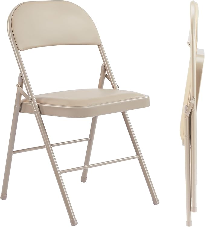 Sweetcrispy Folding Chair 2 Pack, Leather Padded Folding Chairs, Sturdy Metal Foldable Chairs, Easy to Use and Store, Outdoor and Indoor, for Home, Office, Party, Comfy, Kahki