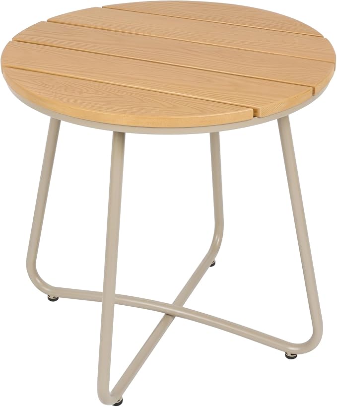 danpinera Outdoor Side Tables, HDPS Patio Table with Metal Legs, 18 Inch Outdoor Small Round Table for Garden, Backyard, Porch, Deck, Balcony, Poolside, Natural