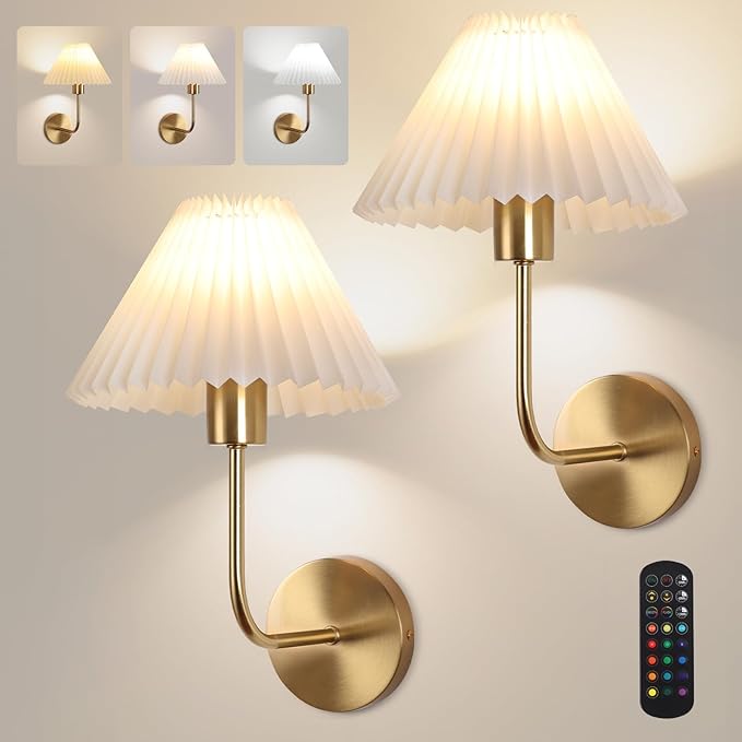 Wireless Wall Sconce Sets of 2, Pleated Shades Rechargeable Battery Operated