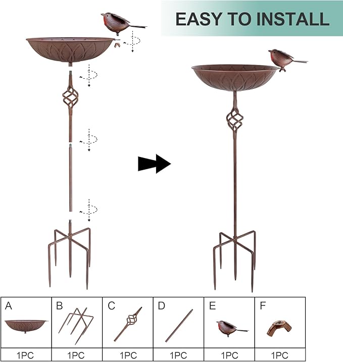 Metal Bird Bath for Outside,Hand-Painted Outdoor Birds Baths Water Bowl with Stake for Garden Patio Yard Lawn Decor, 27.6" H Bird Feeder with 5 Prongs Base,Vintage Freestanding Birdbaths & Birdfeeder
