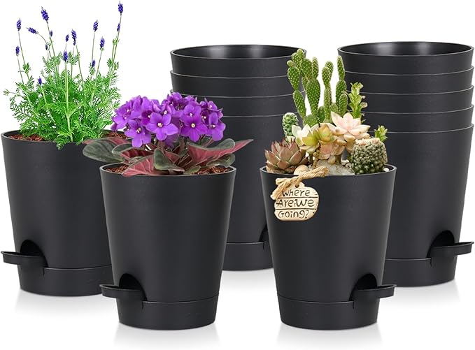 12 Pack 4 Inch Self Watering Plant Pots with Drainage and Saucersï¼Plastic Flower Pots for Indoor and Outdoor Plants, Nursery Planters for Houseplants and Herbs Black, 4 inch 12pcs