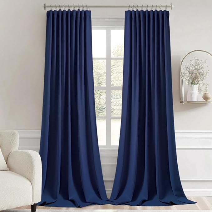 MIULEE Navy Blue Back Tab Blackout Curtain 96 Inch Long 2 Panels Set