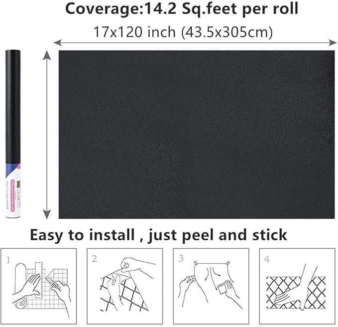 17"x120" Black Wallpaper Peel and Stick Contact Paper, Matte Black Wallpapers