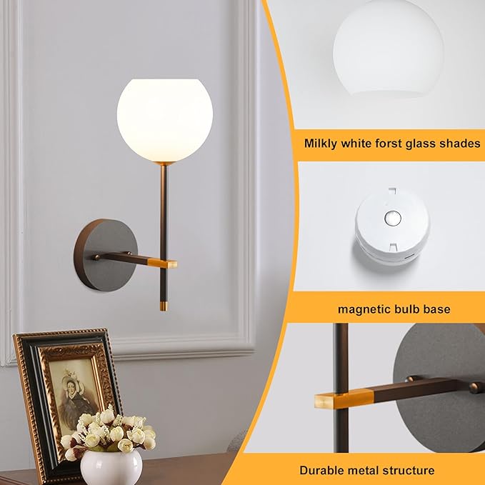 Black Gold Battery Operated Wall Sconces Set of 2, Rechargeable Wireless Wall