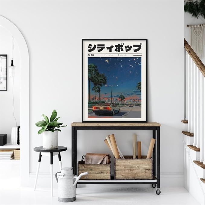 Vintage Japanese Black Framed Wall Art 90s Vaporwave Aesthetic Print Asian
