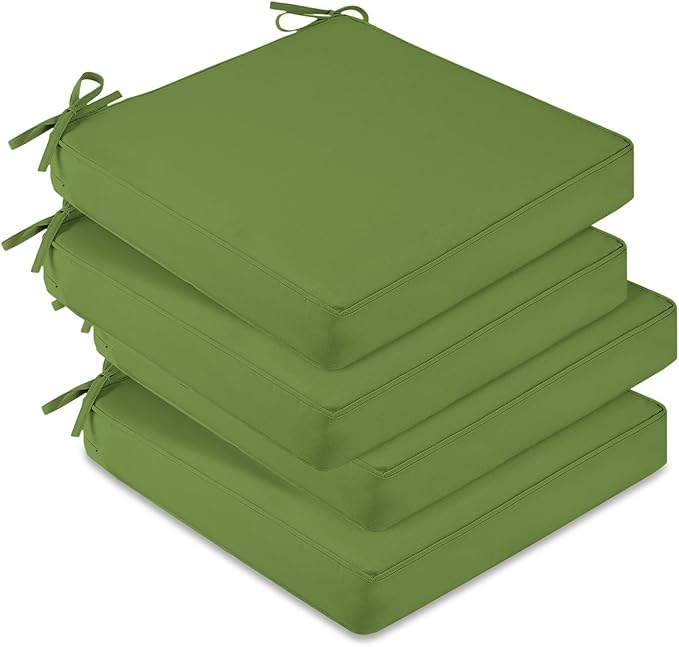 downluxe Waterproof Outdoor Chair Cushions Set of 4, 19" x 19" x 3" Patio Chair Cushion with Non-Slip Ties & Handle, Square Outdoor Cushion for Patio Furniture with Removable Cover, Grass Green