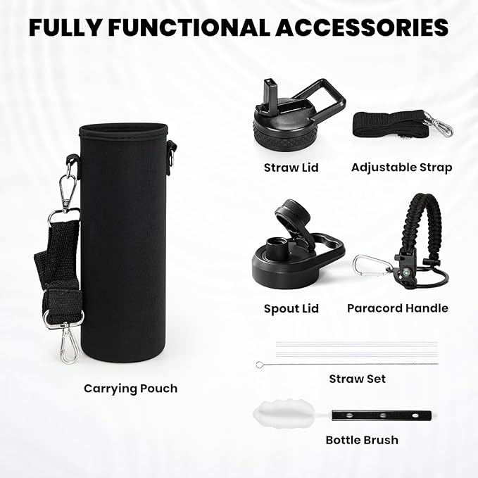 Insulated Water Bottle 24oz, Triple Wall Vacuum Stainless Steel (Cold for 48 Hrs, Hot for 24Hrs), Leak Proof & Non-BPA, 24oz Hydro Water Flask with Paracord Handle & Straw Spout Lids