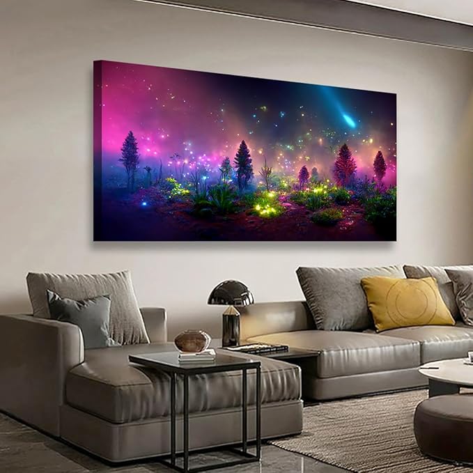 Fantastic Starry light Canvas Wall Art for Living room Office Bedroom Purple Dream Wall Art Print Paintings Modern Forest Fog Pictures Wall Decor Artwork Waterproof Ready to Hang - 70in * 35inch