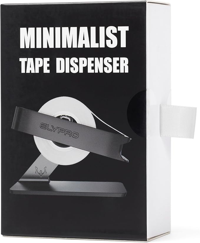 ELYPRO Modern Tape Dispenser for Office Desk - Elegant and Minimalist Design, Heavy Metal Made, Space-Saving, Perfect for Office & Home Use or as a Stylish Gift - Bonus Tape Roll Included (Black)