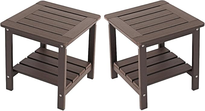 Kibaso-Adirondack Outdoor Side Table, 2-Tier HDPE Outdoor End Table, Weather Resistant Easy Maintenance, Small Patio Side Table for Patio, Pool, Porch, Garden, Lawn, and Living Room (2, Coffee Brown)