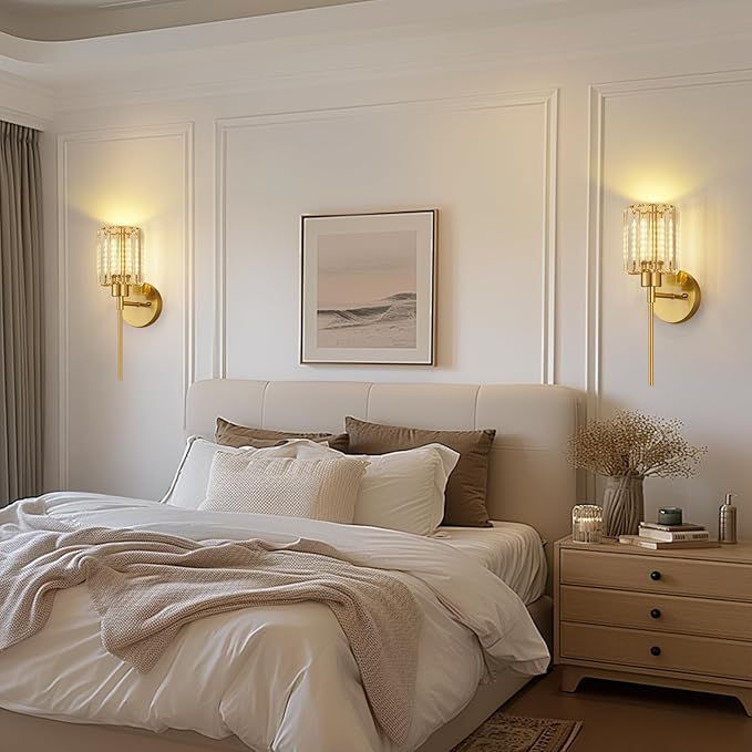 Crystal Battery Operated Wall Sconces, Brushed Gold Rechargeable Wireless Wall