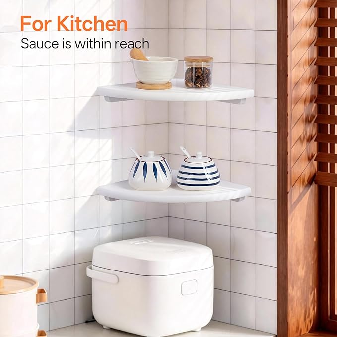 Gieanoo Floating Corner Shelves Set 2 10inch White Solid Oak Rounded Corner