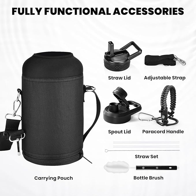 Insulated Water Bottle 64 oz, Triple Wall Vacuum Stainless Steel (Cold for 48 Hrs), Leak Proof & Non-BPA, Half Gallon Water Flask Jug with Paracord Handle & Straw Spout Lids, Dark Gray