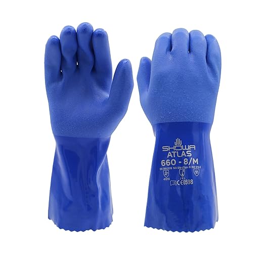 SHOWA Atlas 660 Triple-Dipped PVC Chemical Resistant Gloves, Heavy-Duty Gloves, Rough Finish Grip, Seamless Cotton Liner, 12" Length, Blue, Medium, 12-Pack