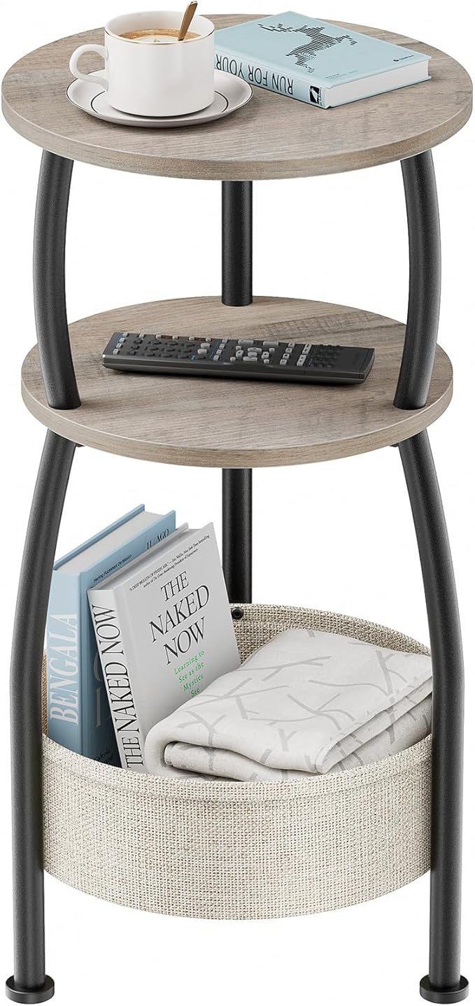 Round Side Table with Storage Basket âSmall Space Saving End Table 3-Tier Coffee Table Bedside Corner Stand for Living Room, Bedroom, Garden and More 24in Tall Greige