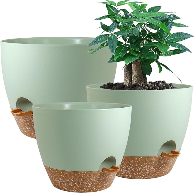 Large Self Watering Pots, 12/10/9 Plastic Planters with High Drainage Holes and Deep Reservoir for Indoor Outdoor Garden Plants and Flowers, Green with Brown