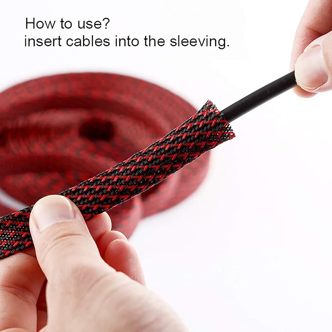 100ft - 3/8 inch PET Expandable Braided Sleeving – BlackRed – Alex Tech Braided Cable Sleeve