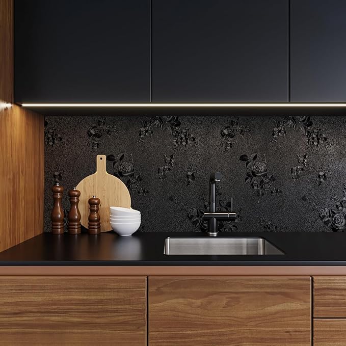 Erfoni Black Peel and Stick Wallpaper Black Floral Embossed Contact Paper