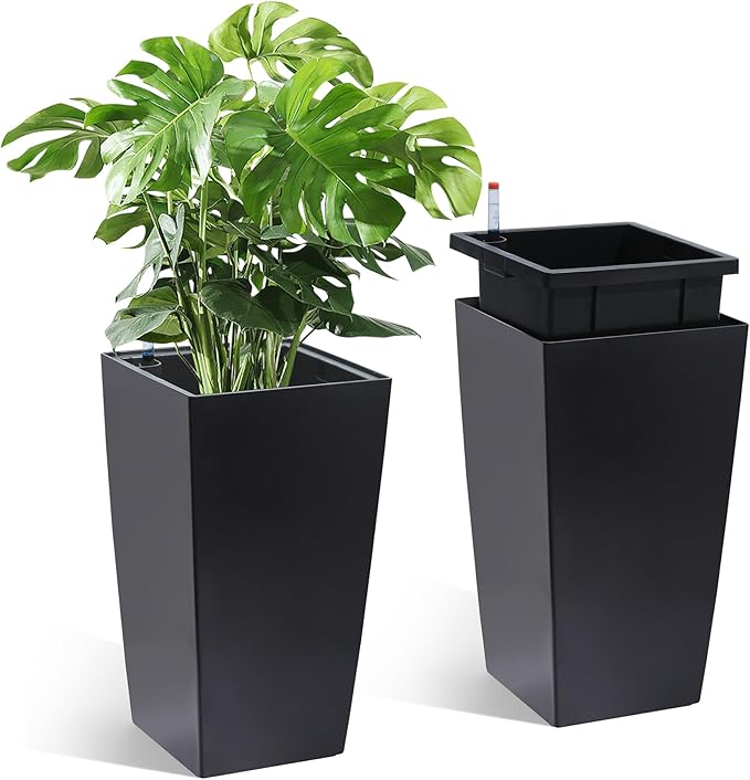 16" Tall Planters Set of 2, Outdoorï¼Indoor Black Planter Pots, High Front Porch Planter Pots with Drainage Holesï¼Water Level Monitorï¼Inner Bucket, Automatic Watering,Black
