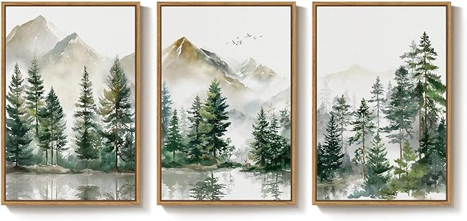 Framed Forest Mountain Landscape Wall Art for Living Room, 3 Piece Green Pine Tree Canvas Artwork for Walls, Large Watercolor Nature Foggy Scenic Painting Print for Bedroom Office Wall Decor, 24x36 In