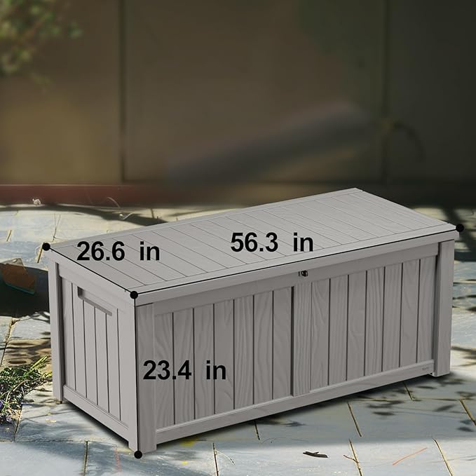 120 Gallon Deck Box,Resin Outdoor Storage Box with Lockable for Patio Furniture, Pool Accessories, Garden Tools Waterproof Outside Storage Box, Grey