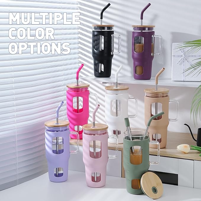Glass Tumbler with Straw & Lid, 32 oz Glass Cup with Handle, Water Bottle with Time Marker - Pearl Straw & Silicone Protective Sleeve - Rose Red