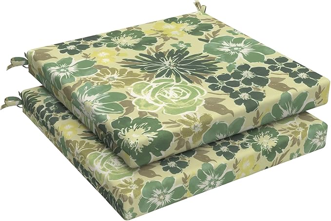 LVTXIII Outdoor Chair Cushions 19"x19"x2" Pack of 2, Water-Repellent Square Corner Memory Foam Seat Cushions with Ties for Garden Patio Furniture, Green Rose
