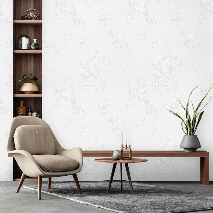 Erfoni White Embossed Peel and Stick Wallpaper Textured Floral Contact Paper