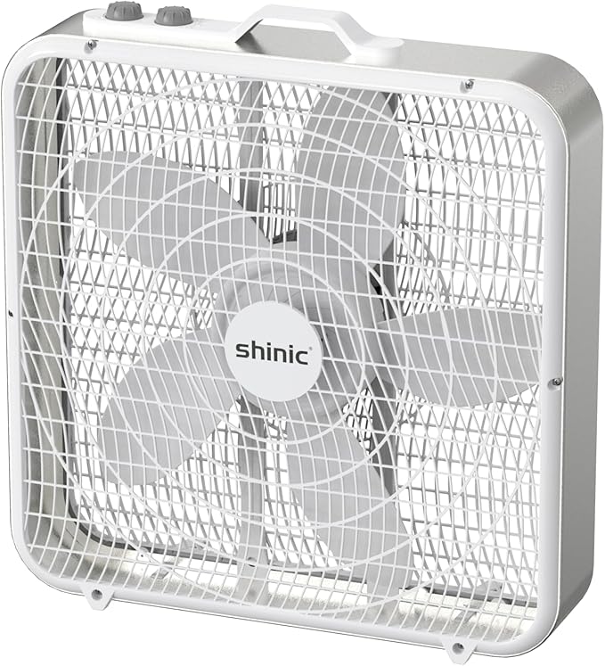 shinic 20â Box Fan with Thermostat for Bedroom, 3-Speed Portable Floor Fan with Carry Handle, Powerful Airflow, 5 Blades, Window Fan and Cooling Fan for Home, Office, Garage, Basement, White
