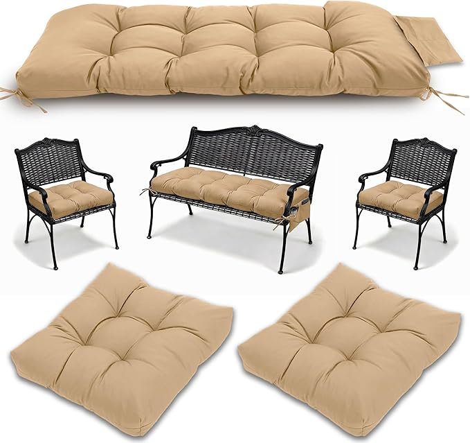 3 Pcs Wicker Chair Cushions Patio Loveseat Chaise Cushion Set - 1200D 47x19*4 Inch Waterproof Wicker Bench Cushions with 2 19x19x4 Inch Chair Cushions for Garden Porch Wicker Patio Furniture(Khaki)