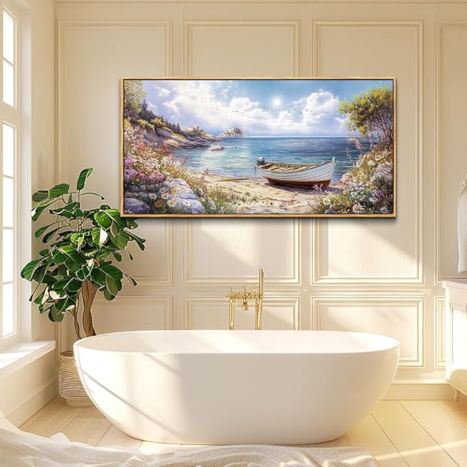 Wood Farmed Large Wall Decor For Living Room Canvas Wall Art For Office Modern Wall Decorations For Bedroom The Sea Boat Landscape Painting Farmhouse Pictures Artwork Room Home Decor 24x48 In