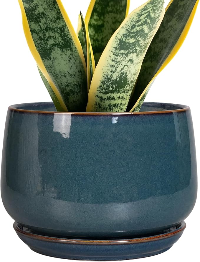 G EPGardening Ceramic Pot for Plants - Modern 7 Inch Round Planter with Drainage and Tray Indoor Outdoor for Flower, Porch Decor, Gardening Gifts, Retro Blue