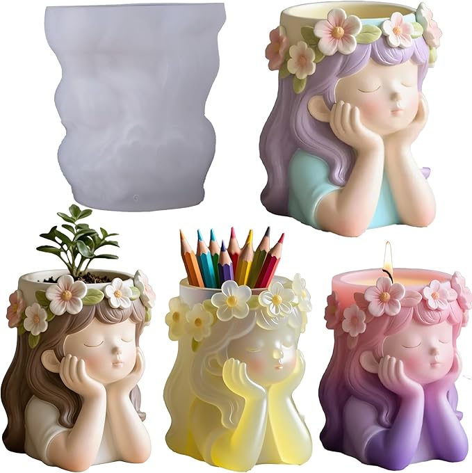 1Pc Cute Girl Resin Casting Mold 3D Flower Crown Head Silicone Mold for Epoxy Succulents Planter Pen Holder Candle Making Concrete DIY Craft Home Decor Handmade Gifts Easy Demold