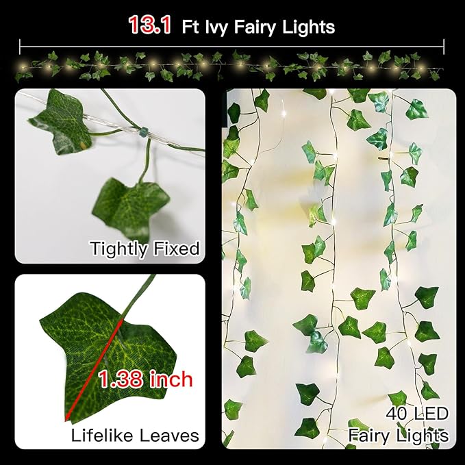 suddus Vine with Fairy Lights Battery Operated, 13.1ft 40 LED Ivy String Light