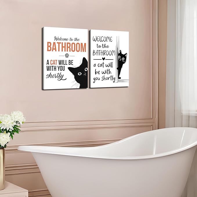 MUWAK Funny Welcome to the Bathroom Slogan Wall Art Set of 2 – Cat will Be
