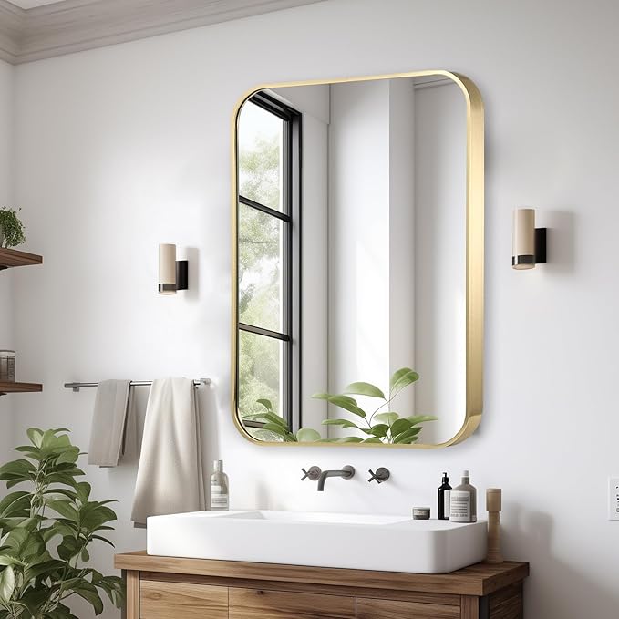 30x36 Inch Gold Bathroom Mirror, Brushed Gold Metal Framed Rectangular Mirror