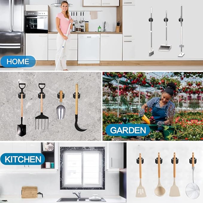 JAMEND CLXP 24PCS Broom and Mop Holder, Heavy Duty Garden Tool Organizer Rack Rake and Shovel Handle, Stainless Steel Mop Hanger. Wall Mounted with Screws.Matte Black
