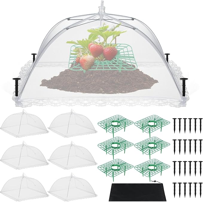 FoldTier 6 Sets Strawberry Supports with Plant Protectors from Animals, Strawberry Growing Racks and Mesh Plant Cover with Plastic Garden Lawn Stakes and Storage Bag for Garden Strawberry Vegetables