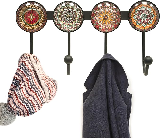 Coat Rack Wall Mounted with 4 Hooks, Round Brown Pattern Decorative Wall Hooks