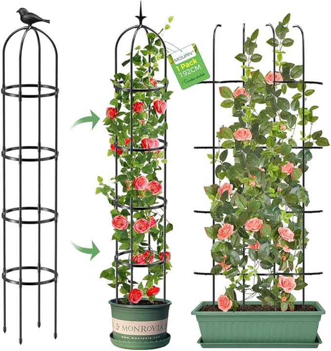 Tower Obelisk Garden Trellis for Climbing Plantï¼6.3FT/75.6" Rustproof Metal Potted Plant Climbing Support for Indoor Outdoor Flowers Vegetable Fruits Vines Support (1PCS)