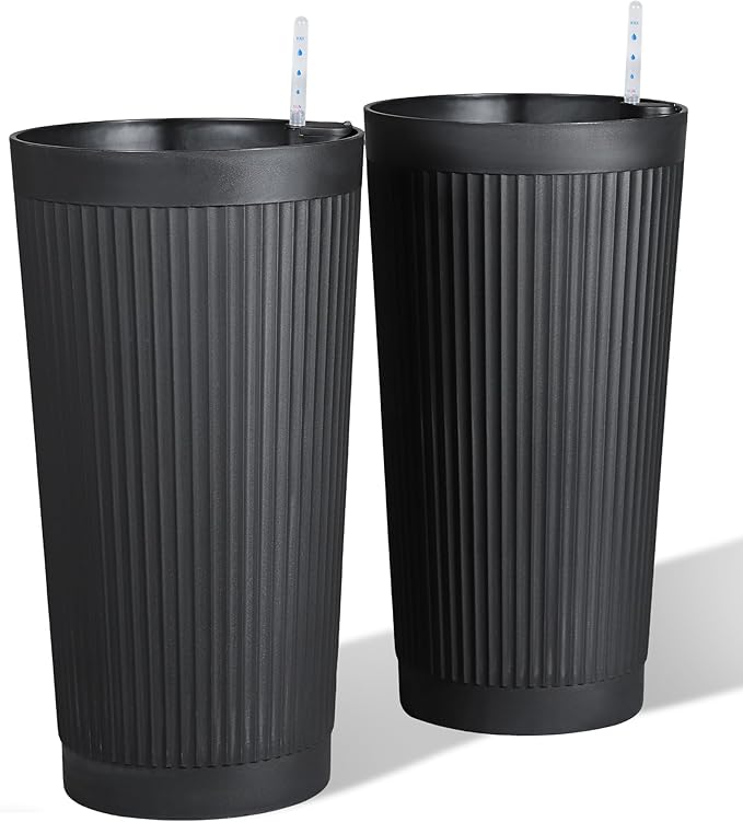 Self Watering Tall Black Planters Outdoor Set of 2, 24â Flower Pots Planters for Outdoor Plants, Modern Plastic Tall Planter for Front Porch, with Drainage Hole (Ribbed)