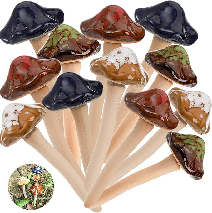 Peohud 12 Pack Ceramic Garden Mushrooms, Lawn Ornament Decor Mushrooms for Fairy Garden, Yard, Indoor, Outdoor, 4.7 Inch