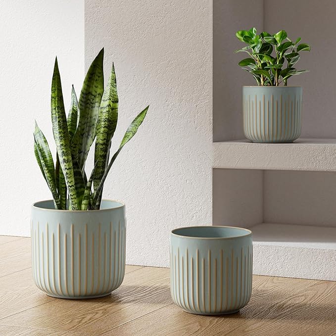 LE TAUCI Fluted Ceramic Planters Set of 3 â 8.3/7 / 5.7 in Blue Gray Reactive Cylinder Indoor Plant Pots with Drainage Plug & Mesh, Glossy Stoneware Flower Pots for Succulents Herbs