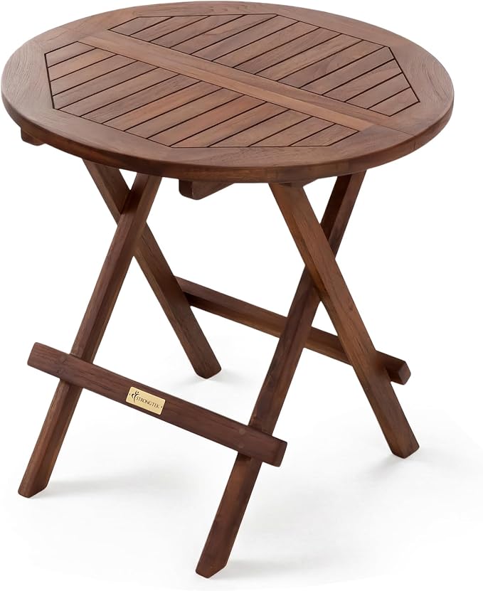 StrongTek Teak Folding Side Table, Solid Teak Wood Outdoor Patio Accent Table, Foldable Round Balcony Table for Small Spaces, 20" Diameter x 20" H, Easy to Store