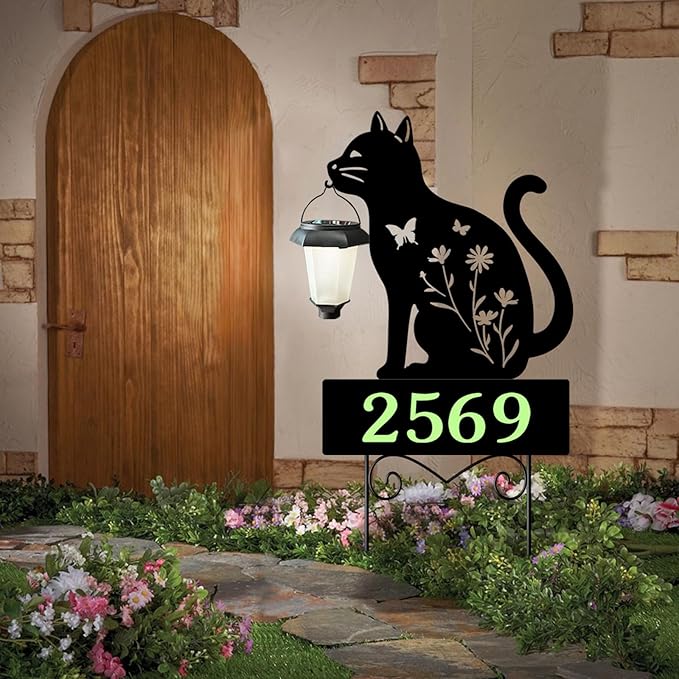 Address Signs for Houses,YY Gardenia Solar Lantern Garden Stake with Glow in the Dark House Numbers-Waterproof Outdoor Yard Sign with Solar Power-Elegant Garden Decor (Cat Black)