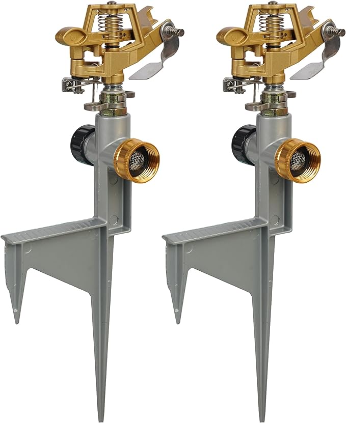 2 Pack Zinc Alloy Impact Sprinklers for Yard, Stainless Steel Pulsating Water Sprinkler Head on Spike Base, Adjustable Water Sprinklers for Large Area Patio Lawn Garden Irrigation