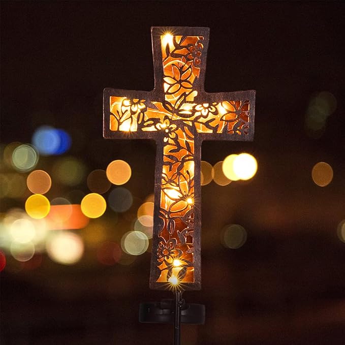 HUYIENO Solar Cross Garden Stake Lights 38inch Metal Outdoor Waterproof Memorial Garden Decor 2 Lighting Modes Cemetery Decorations for Grave for Remembrance Gifts & Sympathy Gifts