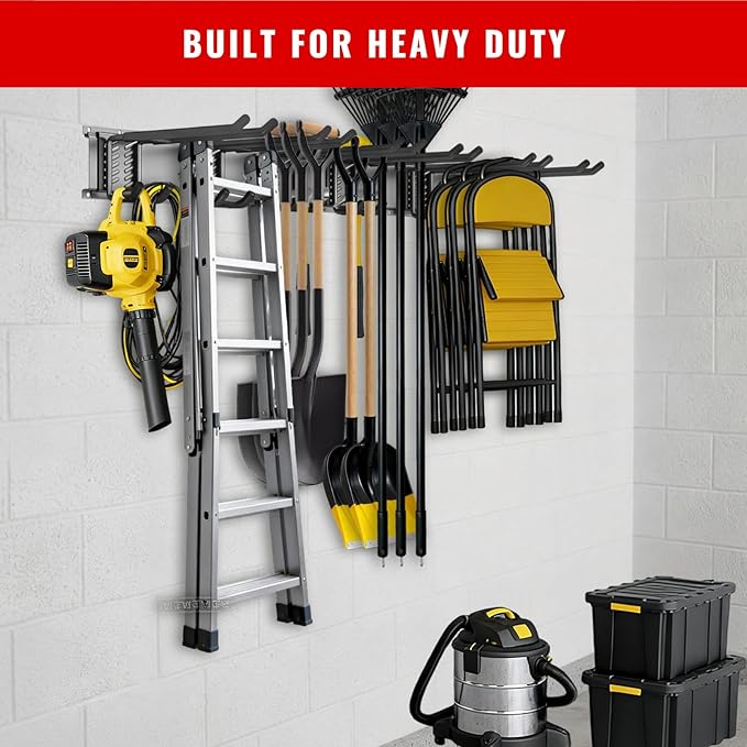 Garage Tool Organizer Wall Mount, Easy to 64inch Install Heavy-Duty Garage Storage System with Adjustable 12 Hooks, Garden Tool Rack for Shovels, Rakes, Yard Tools