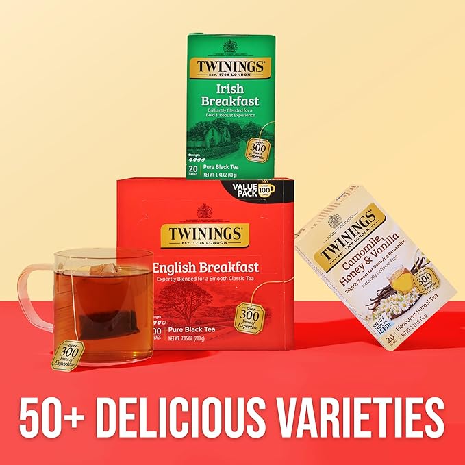 Twinings English Breakfast Black Tea Individually Wrapped Bags, 100 Count (Pack of 1), Smooth, Flavourful, and Robust, Caffeinated, Enjoy Hot or Iced, 100 Teabags