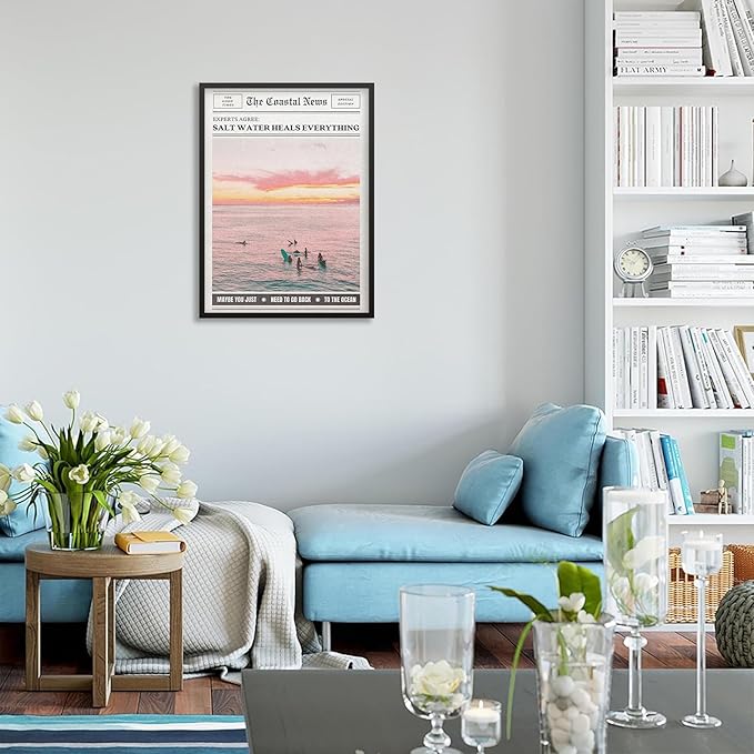 Pink Beach Newspaper Posters Vintage Fashion Coastal Girl Surf Wall Art 08x10